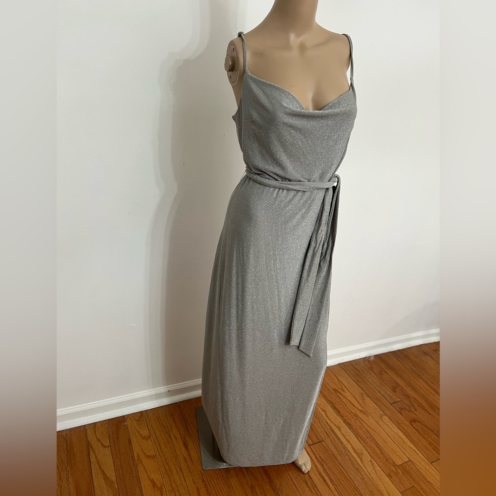 Express Draped Spaghetti Strap Silver Maxi Dress